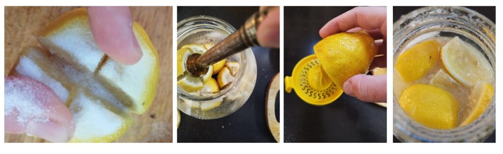 Step-by-step images: cut lemons heavily salted, tightly packed into a glass jar, freshly squeezed lemon juice added until the lemons are fully covered, and the closed jar set aside for a month to brine and soften.