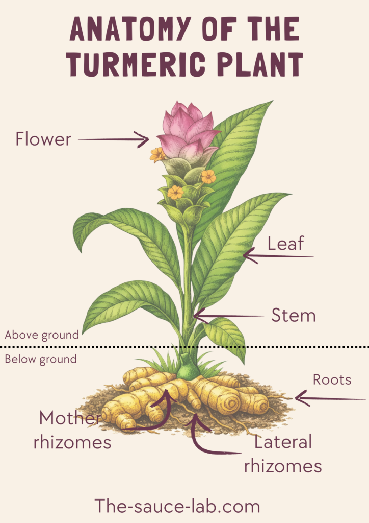 Diagram of a turmeric plant showing above‑ground leaves forming a pseudostem and below‑ground rhizomes. Labels point to the green stems and leaf structure, mother rhizome, and finger‑like lateral rhizomes with orange‑yellow colour.