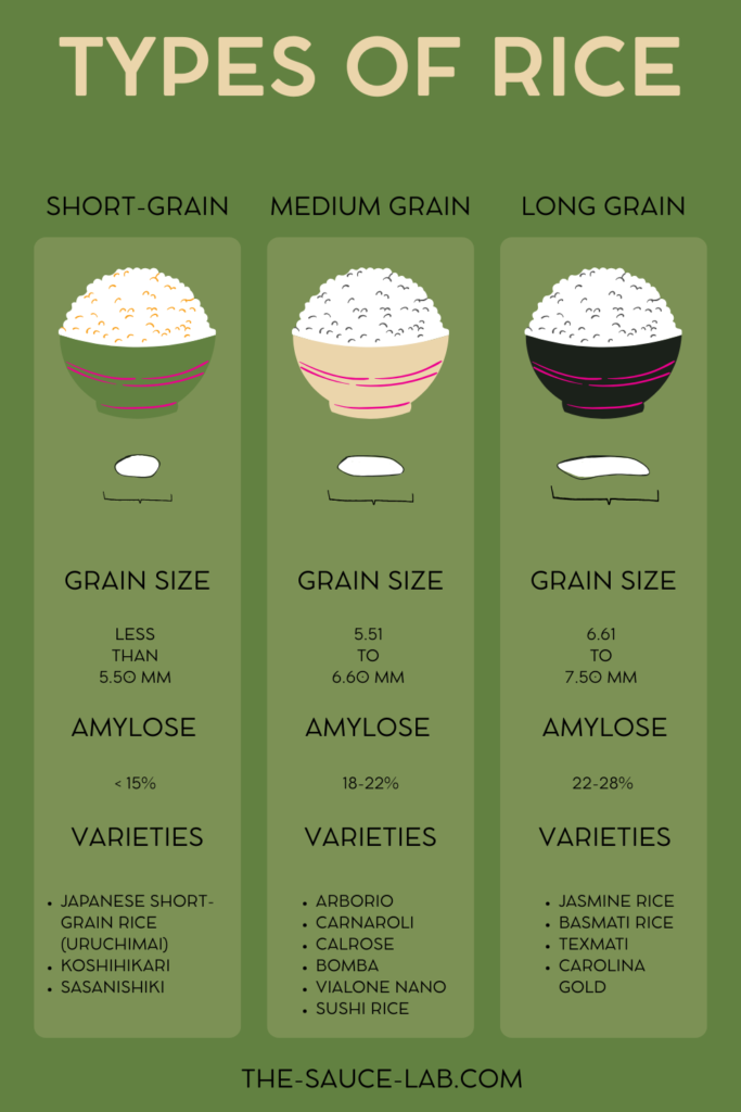 Labeled infographic comparing rice grain lengths—short, medium, and long—and the rice varieties associated with each type.