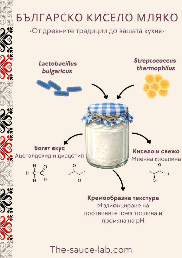 Диаграма на ферментацията на българското кисело мляко, илюстрираща как Lactobacillus bulgaricus и Streptococcus thermophilus произвеждат млечна киселина, ароматични съединения и допринасят за кремообразната текстура.