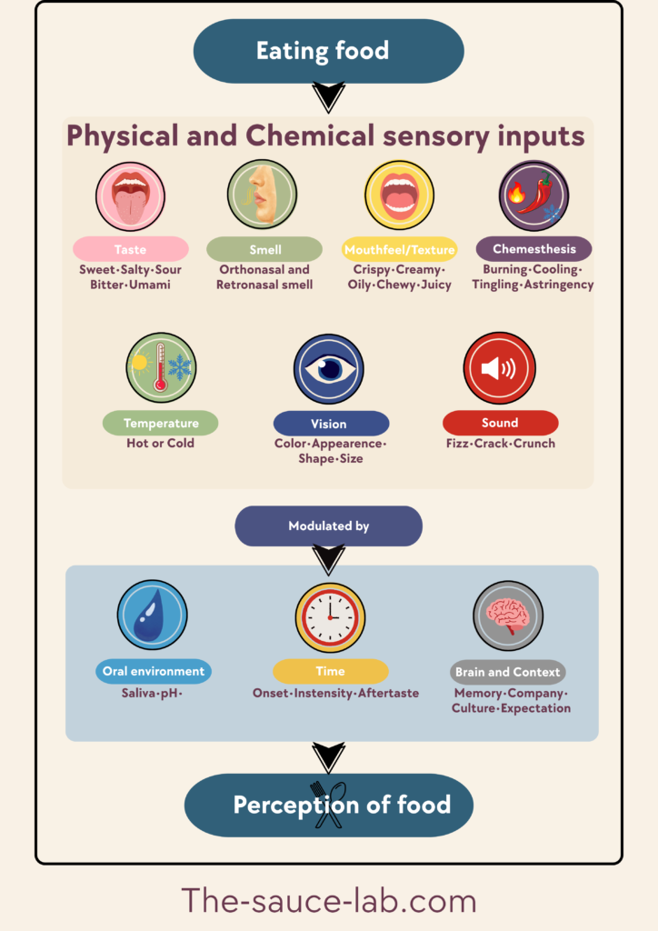 An infographic illustrating the multisensory experience of food, showing how flavour emerges from the integration of taste, smell, texture, temperature, pungency, and other sensory cues.